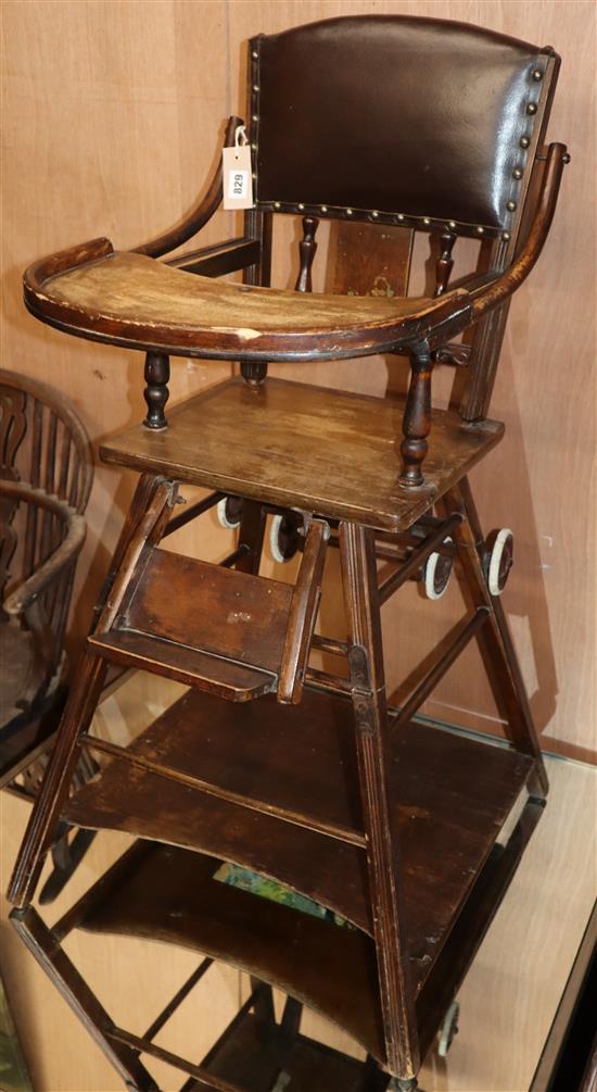 An Edwardian childs high chair combined baby walker